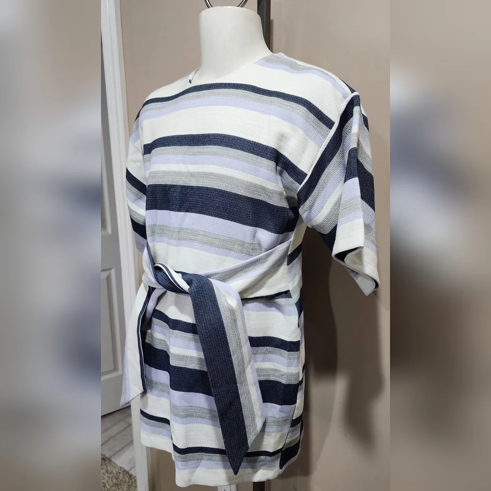 NWT ASOS Tie Front Shift Dress in Natural Fiber Stripe Size 12 - Picture 4 of 12